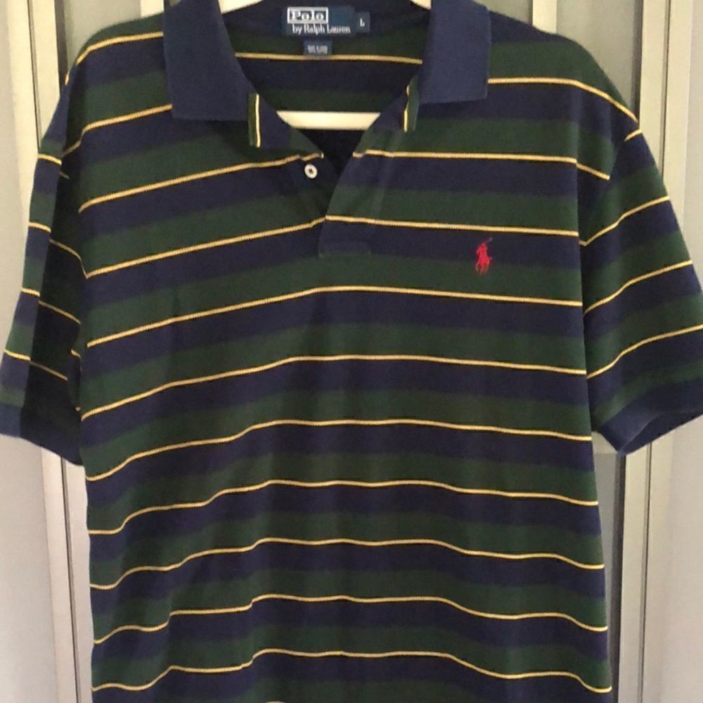 Vintage polo Ralph Lauren green and navy striped short sleeve shirt size l - Picture 6 of 6